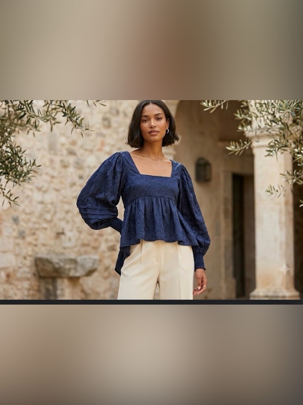 Bog collective Square-Neck Navy Peplum Blouse with Balloon Sleeves size xs
